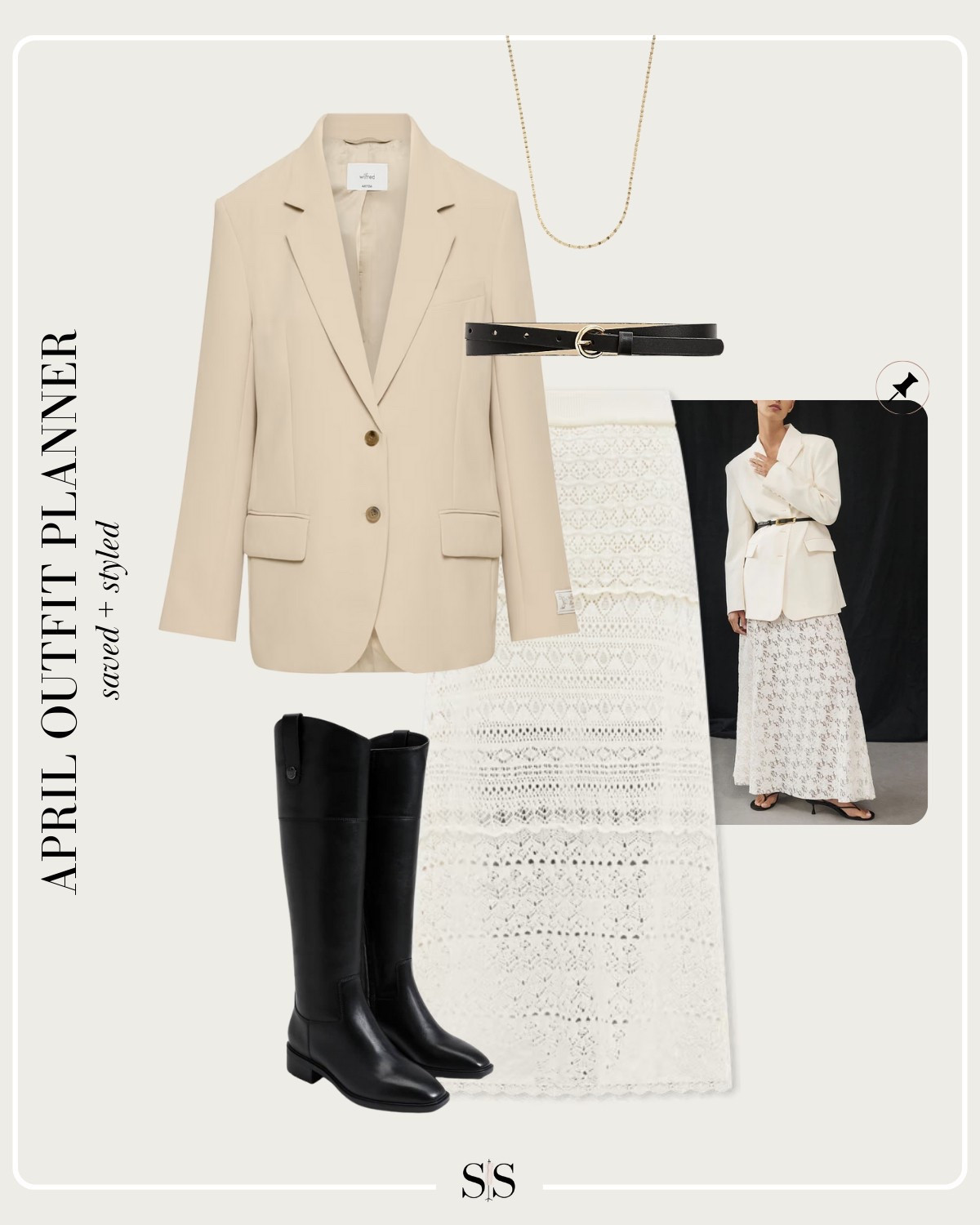 Monthly outfit planner APRIL: Spring transitional looks, saved + styled outfit inspo | maxi lace skirt, blazer, leather belt, rider knee high boot 

#springoutfit #casualchic

Image credit: Pinterest


#LTKStyleTip