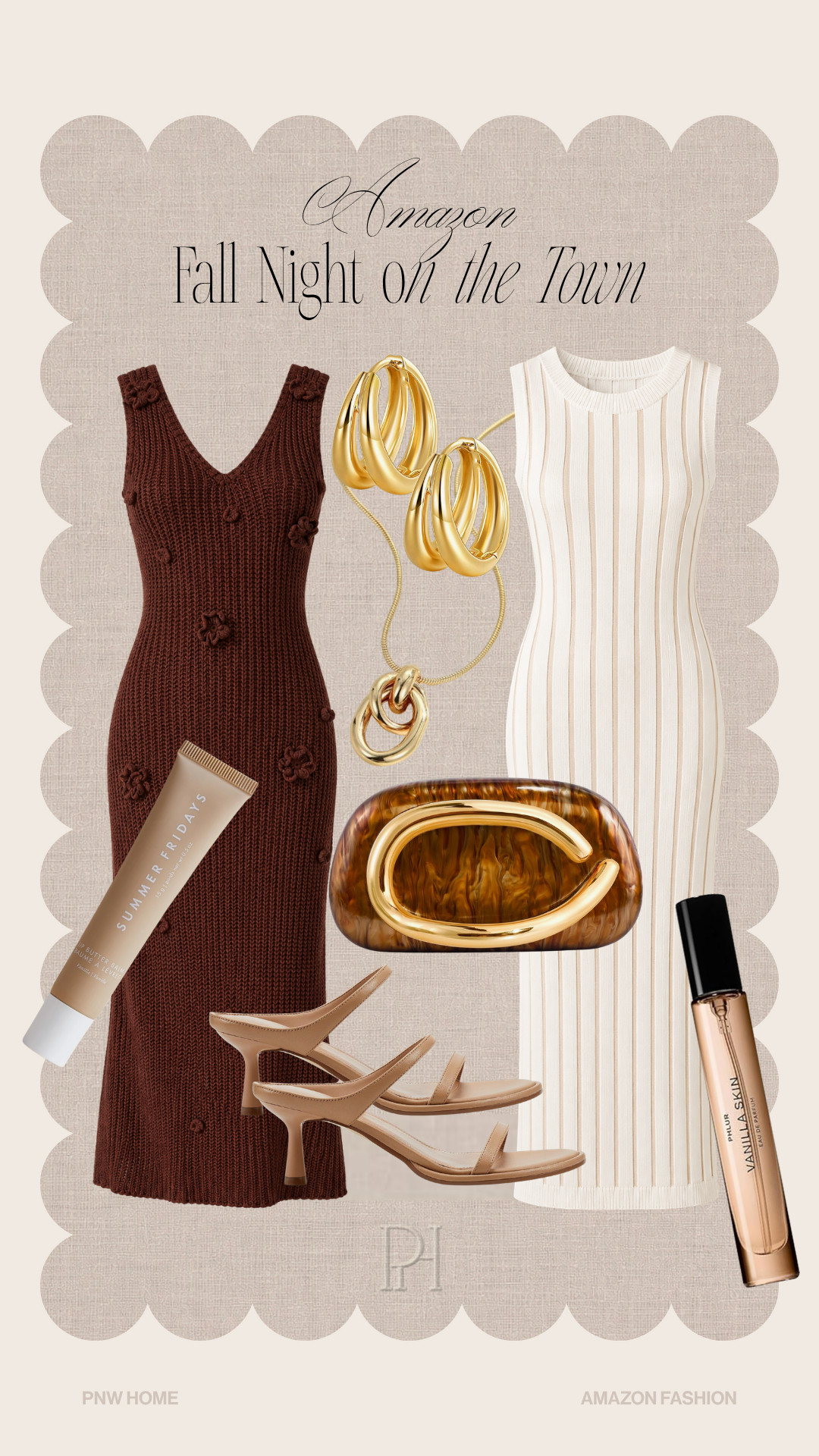 Amazon finds I'm loving for an early fall date night look!

fall fashion, fall looks, fall outfit, fall style, date night outfit, brown knit dress, white knit dress, sleeveless sweater dress, midi dress, tan sandals, neutral sandals, high heel sandals, gold earrings, gold necklace, pendent necklace, roll on fragrance, roll on perfume, lip balm, lip gloss, clutch handbag, clutch purse, neutral look, neutral outfit, night out look 

 #LTKgrwm #LTKootd #LTKSeasonal