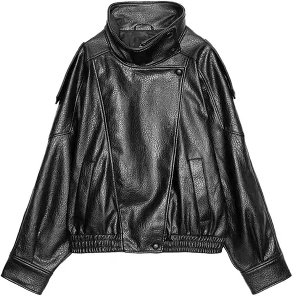 PU-Lederjacke für Damen Casual Langarm Dame Stehkragen Lose Mäntel Solide PU Leder Jacke for Fr... | Amazon (DE)