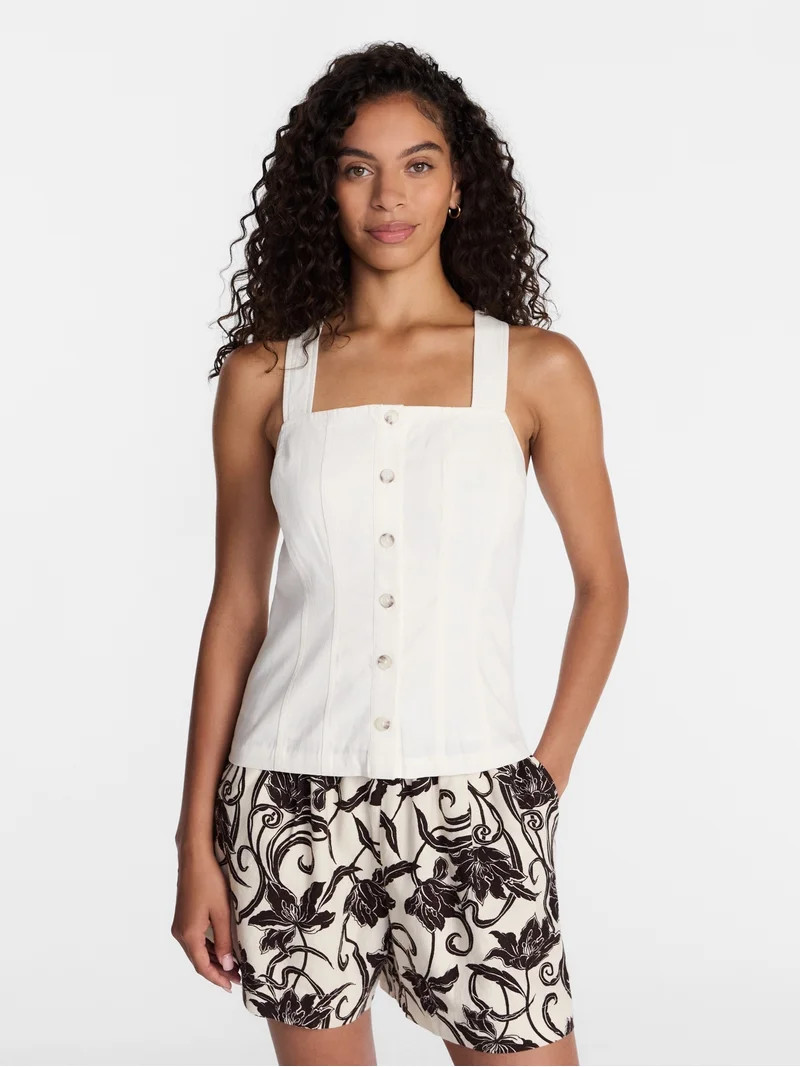 Time and Tru Women's Linen Blend Button Front Tank Top with Adjustable Straps, Sizes XS-XXXL | Walmart (US)
