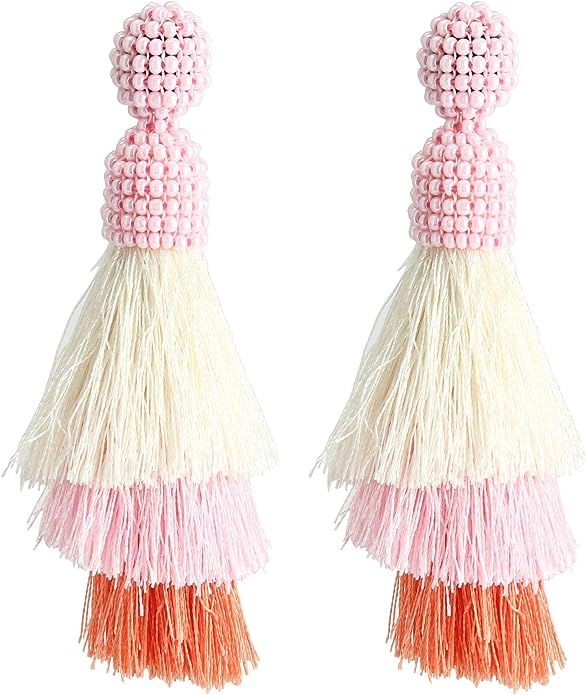 Bohemian Beaded Tassel Earrings Tiered Layered Statement Fringe Drop Earring | Amazon (US)