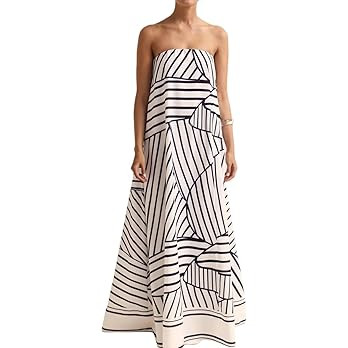 Women's Boho Strapless Maxi Dress Print Off Shoulder Flowy Hem Loose Tube Long Dresses Summer Bea... | Amazon (US)