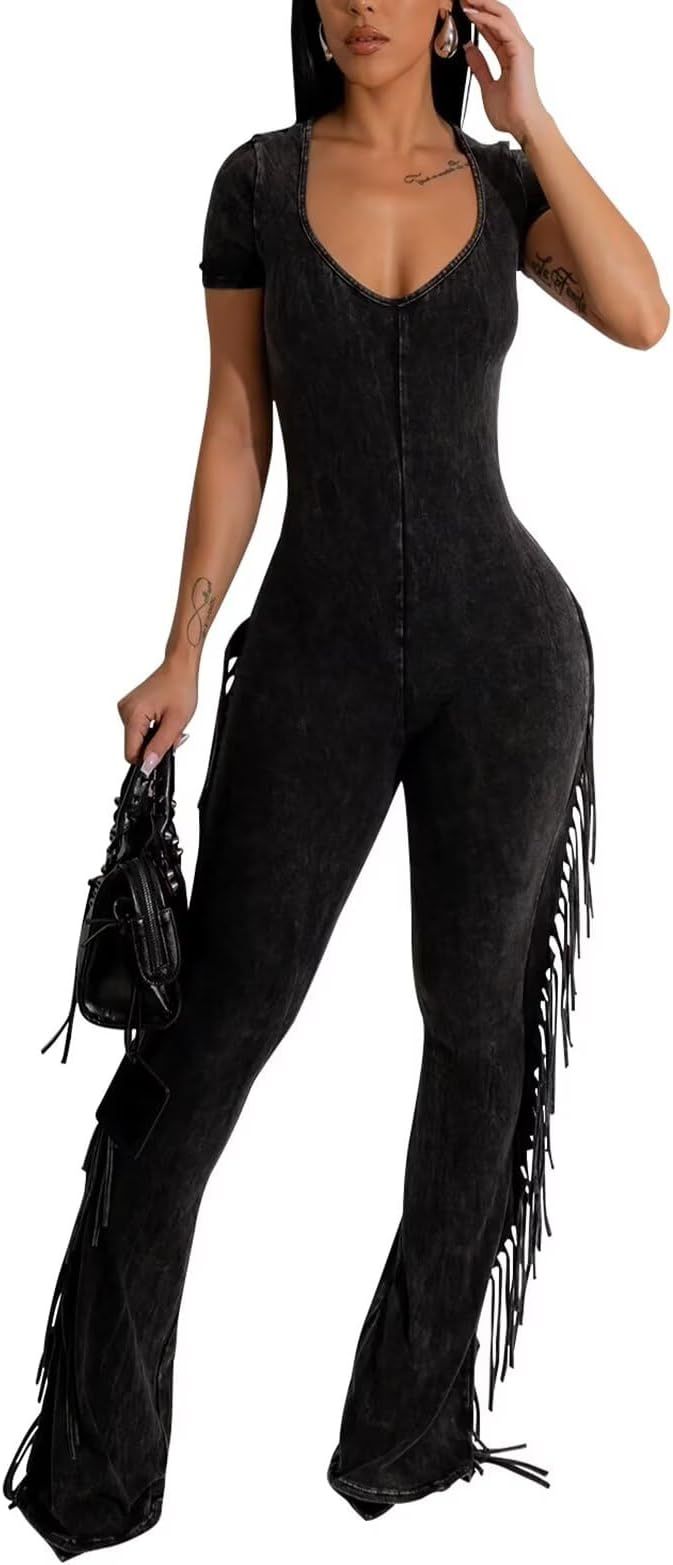 Women Sexy Deep V Neck Fringe Wide Leg Long Pants Jumpsuit Short Sleeve One Piece Outfits Romper | Amazon (US)