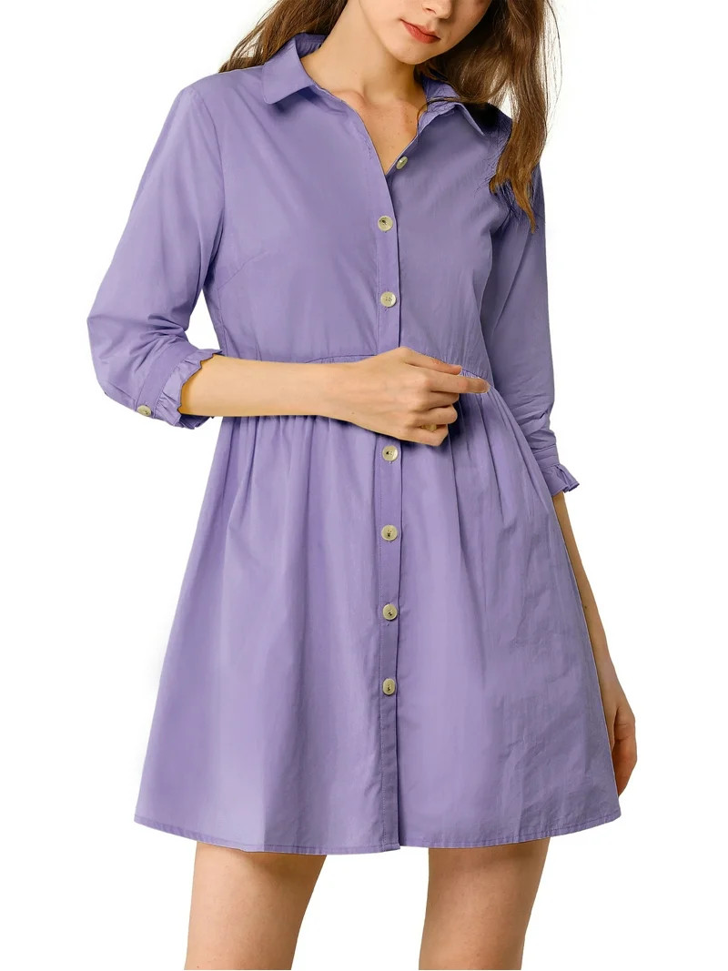 INSPIRE CHIC Women's Shirt Dress 3/4 Sleeve Button Down Mini Dresses Purple S | Walmart (US)