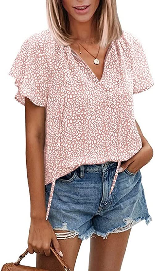 PRETTYGARDEN Women's Short Sleeve Blouse V Neck Ruffle Floral Summer Casual Tunic Loose Blouses T... | Amazon (US)