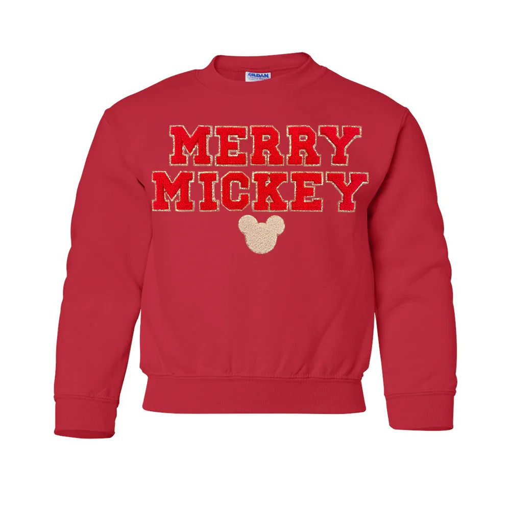 Kids Merry Mickey Letter Patch Crewneck Sweatshirt | United Monograms