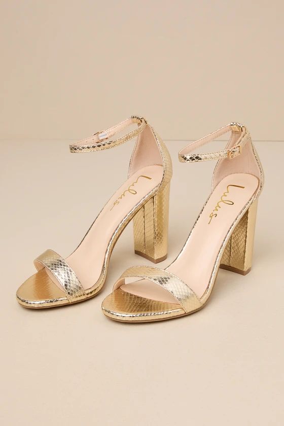 Taylor Light Gold Snake-Embossed Ankle Strap Heels | Lulus