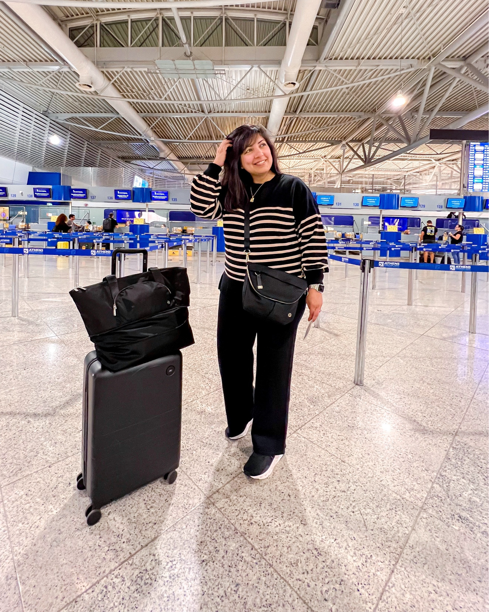 Amazon Prime Day Deal! Love this Amazon sweater set for travel and it’s on sale today for only $45! Wore this on a long flight home from Europe and it was so soft and comfortable and not at all itchy. Wearing the set in size large and it works really well on a midsize petite frame. ON Cloudnova sneakers true to size. Lululemon festival bag and Lululemon travel tote bag. Monos carry-on suitcase.

Winter outfit, Travel outfit, Amazon outfit, Amazon set, airport outfit, Amazon travel outfit, sweater set, Amazon sweater set, striped sweater, ON sneakers, ON Cloudnova sneakers, black sneakers, fall shoes, fall sneakers, athleisure, travel bag, crossbody bag, luggage, carry on luggage, monos suitcase, travel suitcase, monos luggage

#LTKmidsize #LTKtravel #LTKover40

#LTKMidsize #LTKFindsUnder50 #LTKTravel