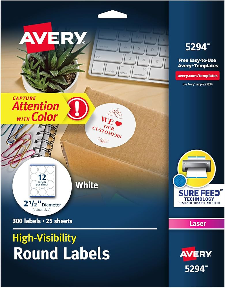 Avery High Visibility Printable Round Labels with Sure Feed, 2.5" Diameter, White, 300 Customizab... | Amazon (US)