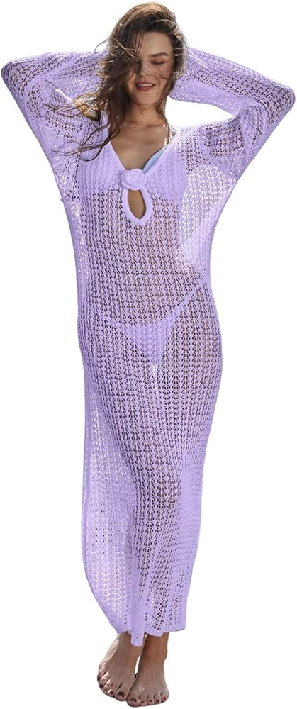 Women's Knitted Swimsuit Cover Up 3D Floral Hollow Out Open Back Tie-Up Maxi Dress Beachwear Cove... | Amazon (US)
