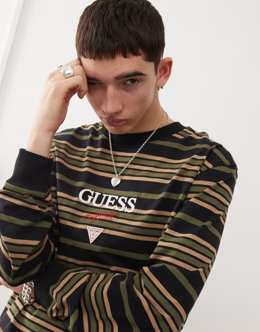 Guess Originals long sleeve t-shirt in black and green horizontal stripes-Multi | ASOS (Global)