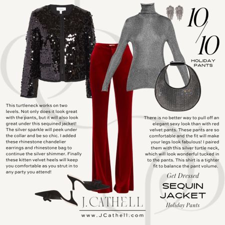Red velvet pants and a sequin blazer, what more could you need for a holiday look?! The high heeled mules and the shimmer turtleneck are perfection.

#LTKshoecrush #LTKstyletip #LTKHoliday
