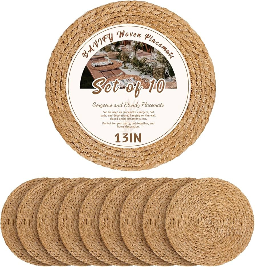 13 in Round Woven Placemats Plate Chargers Set of 10, Boho Farmhouse Rustic Woven Place Mats for ... | Amazon (US)