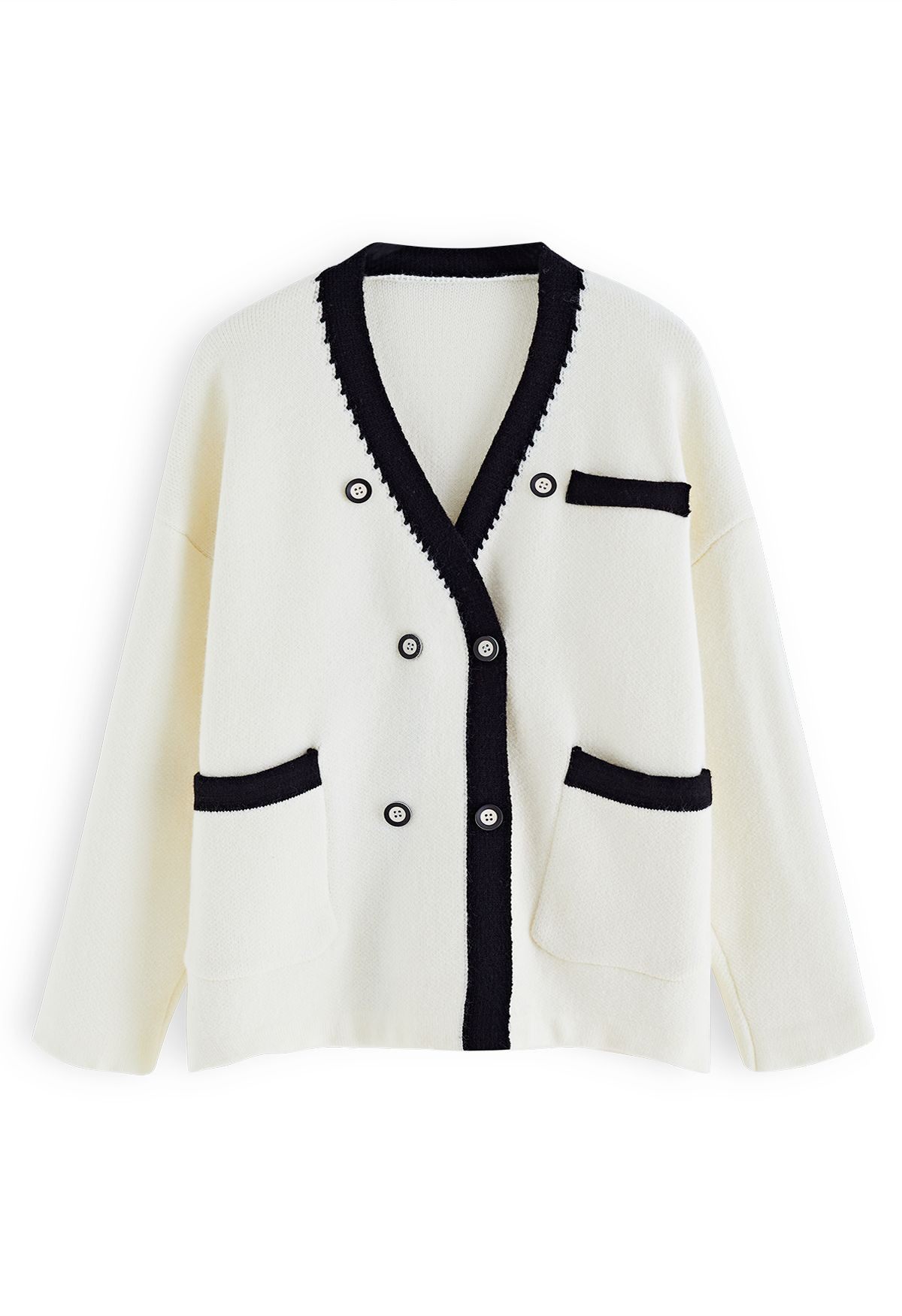 Double-Breasted Contrast Color Cardigan in Ivory | Chicwish