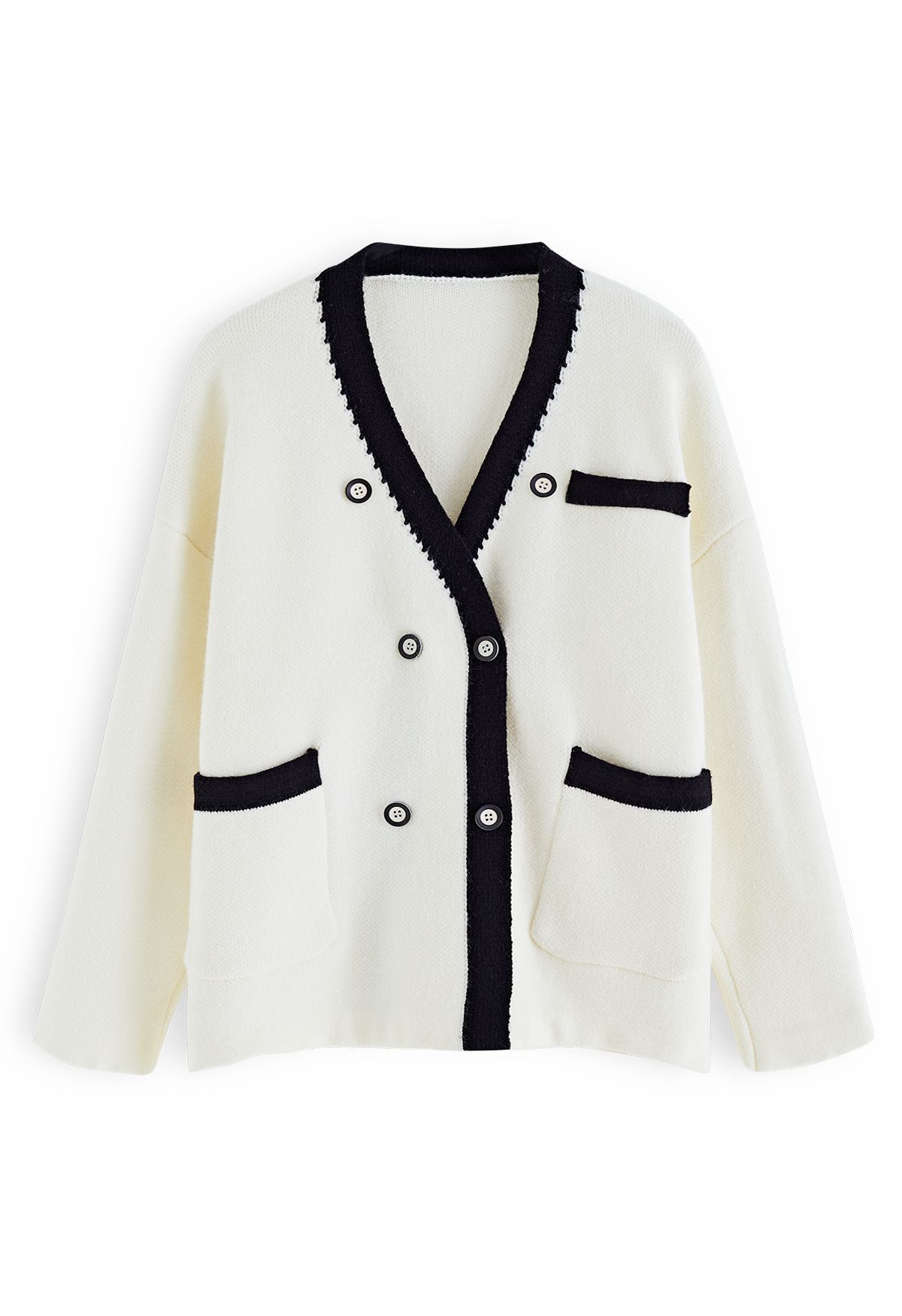 Double-Breasted Contrast Color Cardigan in Ivory | Chicwish