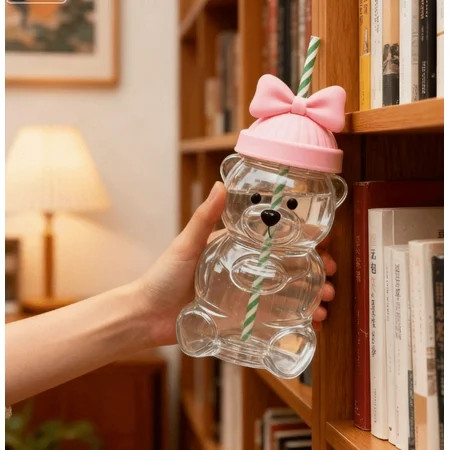 BTIZTLLA Glass Bear Cup, Honeybear Straw Cup, Glass Cups with Lids and Straws, Cute Mugs Bear Sippy Cups Coffee Beer Wine Cocktail Drinks Glassware 20 oz(Pink bow cup lid) | Walmart (US)