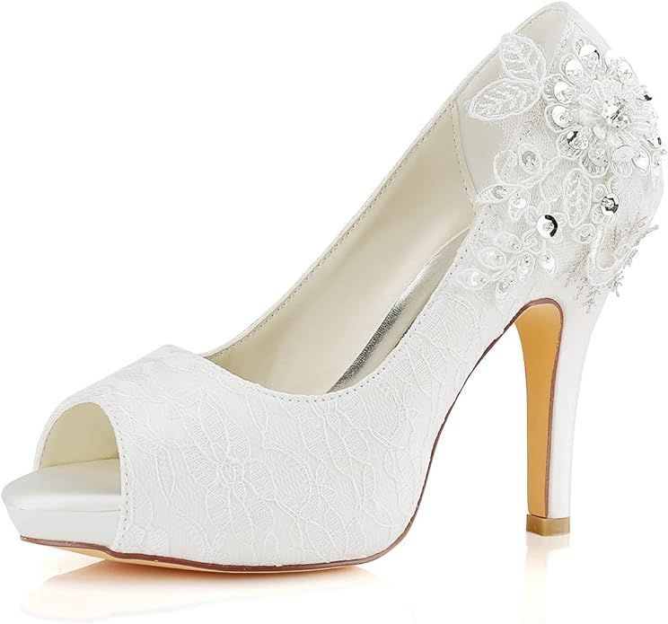 Emily Bridal 521-31-4 Women's Wedding Shoes Peep Toe 3.94 Inches Stiletto Heel Lace Satin Pumps w... | Amazon (US)