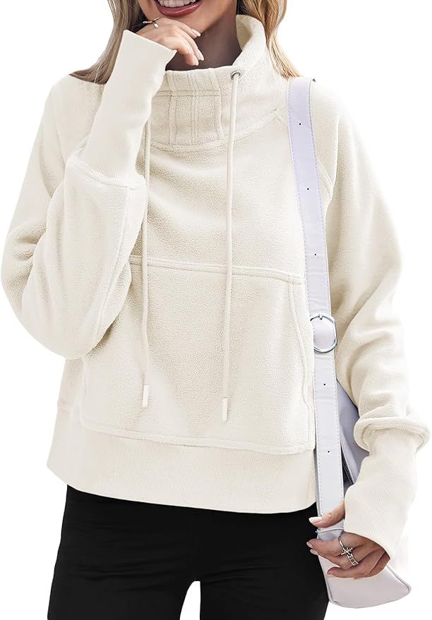 Fisoew Fleece Sweatshirts for Women Crop Fall Long Sleeve Turtle Neck Pullover Jacket Thumb Hole | Amazon (US)