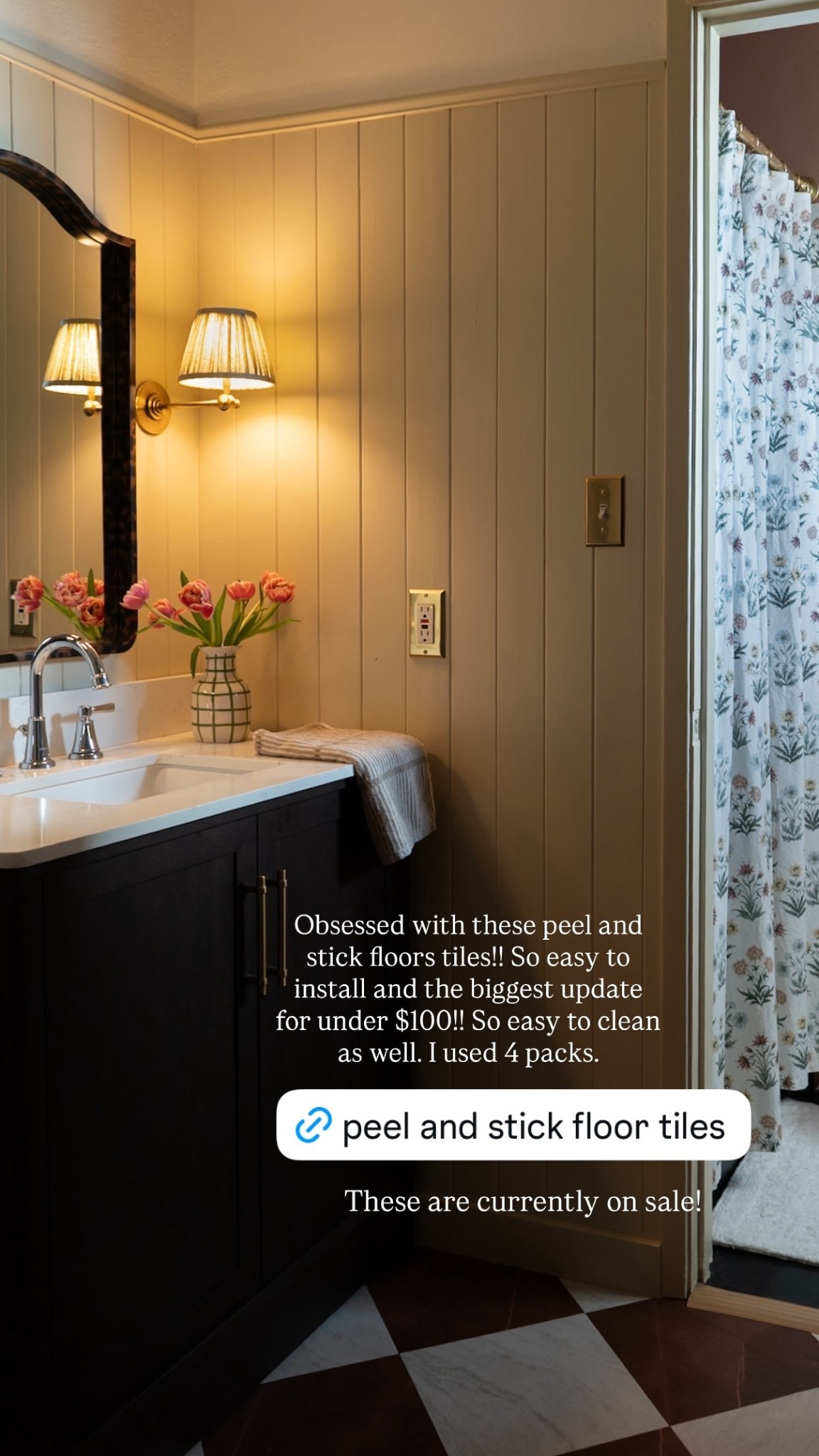 These are currently on sale! Obsessed with these peel and stick floors tiles!! So easy to install and the biggest update for under $100!! So easy to clean as well. I used 4 packs.