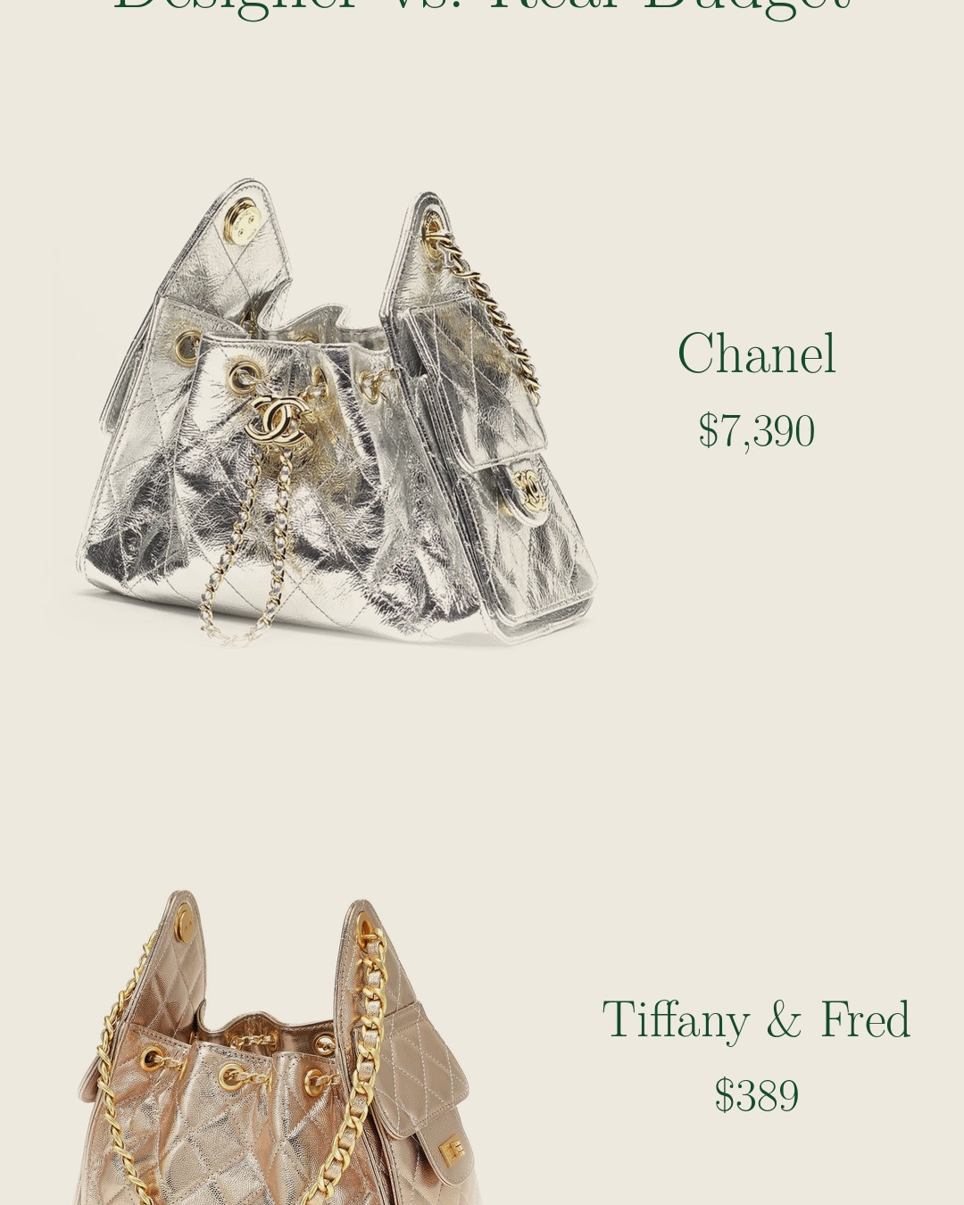 Designer vs Real Budget 

The luxe look without the luxe receipt. Every bag in this collection is the real budget version of an it bag on your wishlist: the $139 top handle that stands in for a $74,500 Kelly, the $389 metallic drawstring that reads pure Chanel, and the $90 pearl clutch twin. Designer look for less, all linked and all under $500.

#LTKgrwm #LTKWorkwear #LTKSaleAlert