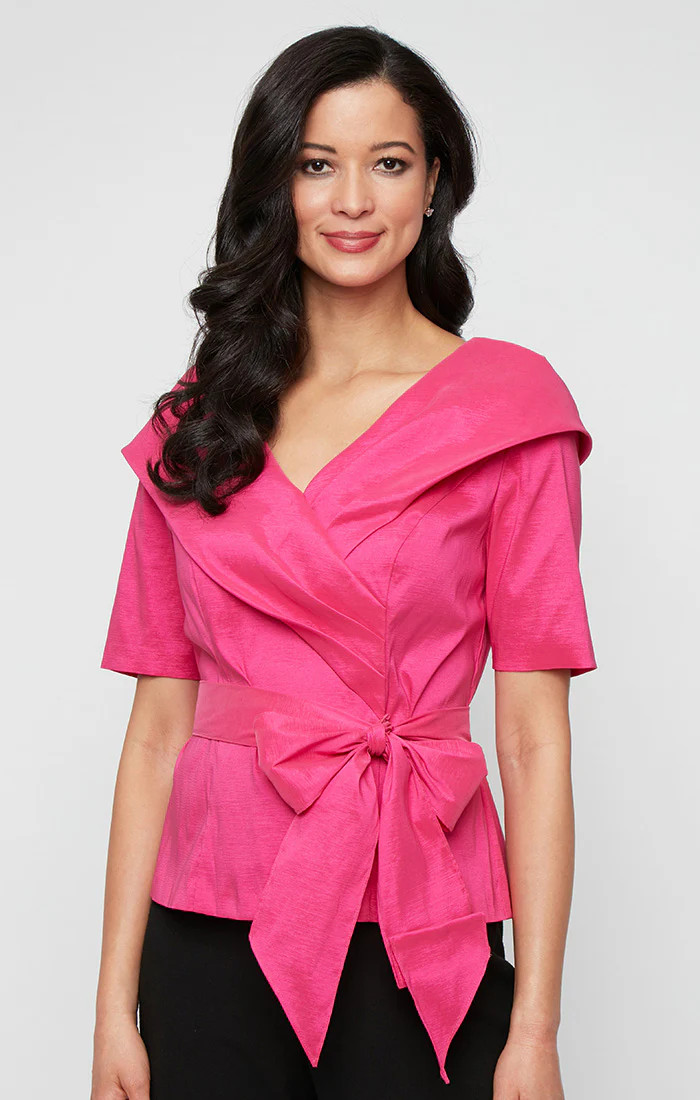 Elbow Sleeve Stretch Taffeta Blouse with Collar and Tie Waist | Alex Evenings