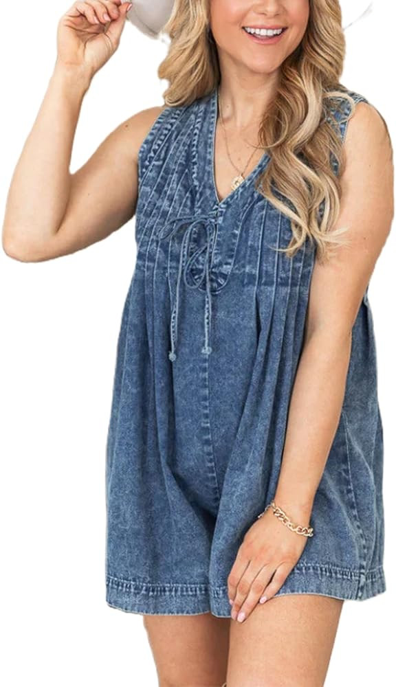 Mxiqqpltky Tie Front Denim Romper for Women Y2k Sleeveless V-neck Wide Leg Jean Romper Jumpsuit L... | Amazon (US)