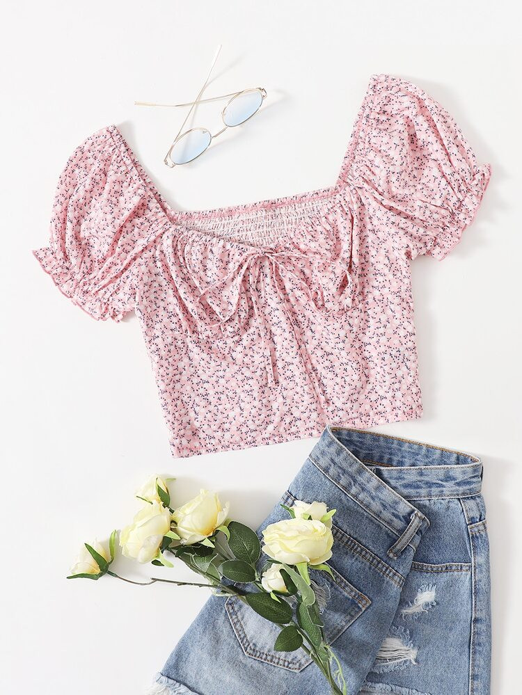 Ditsy Floral Puff Sleeve Shirred Back Bustier Top | SHEIN