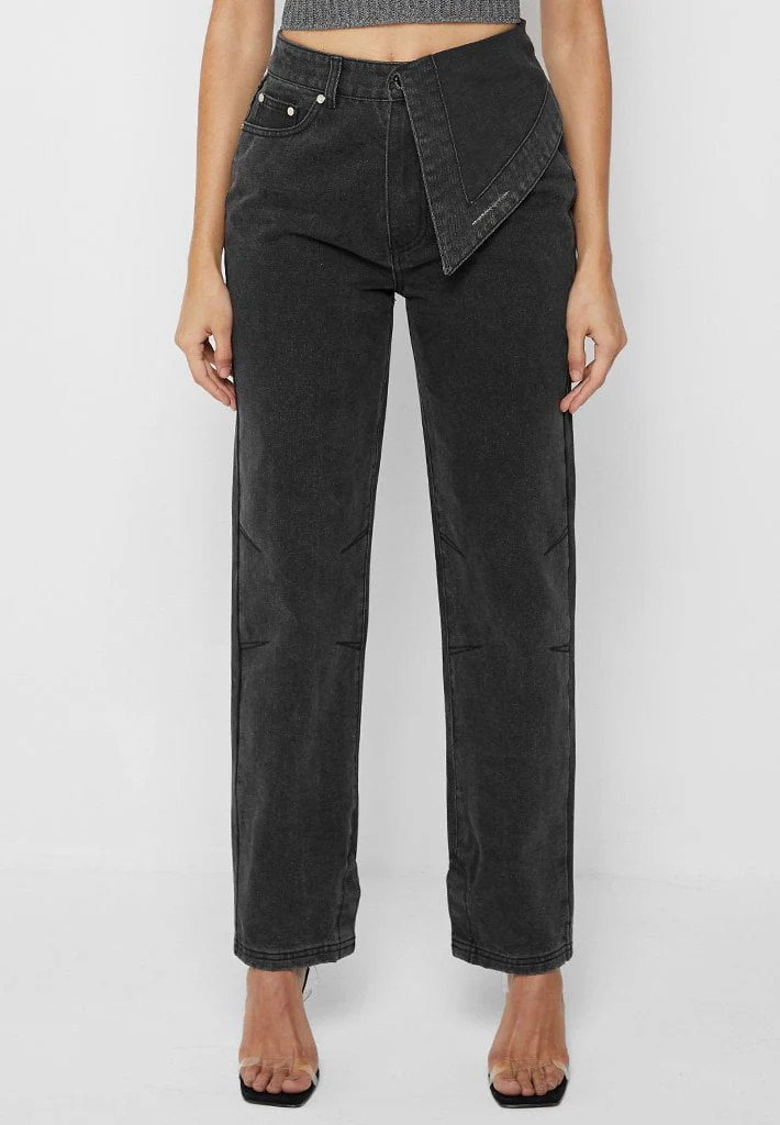 Half Foldover Mom Jeans - Washed Black | Maniere De Voir