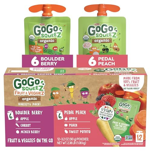 GoGo squeeZ Organic Fruit & veggieZ Applesauce and Puree Variety Pack, Pedal Peach and Boulder Berry, 3.2 oz (Pack of 12), Unsweetened Snacks for Kids, BPA Free Pouches | Amazon (US)