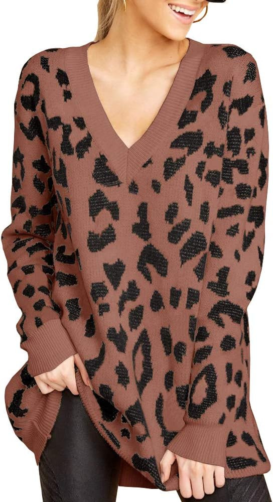 Ashuai Womens Leopard Sweater Dress Oversized V Neck Long Pullover Loose Knitted Jumper Tunic Top... | Amazon (US)
