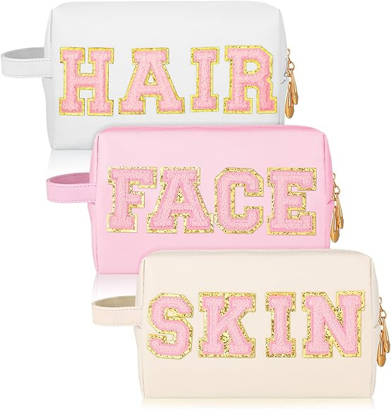 Sotiff 3 Pcs Preppy Patch Makeup Bag Cosmetic Bag Travel Toiletry Bag for Women Chenille Letters ... | Amazon (US)