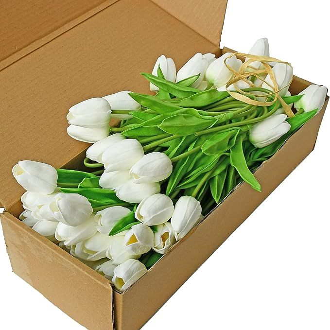 Mandy's 76pcs White Artificial Tulip Silk Flowers 13.5" for Home Kitchen Wedding Decorations | Amazon (US)