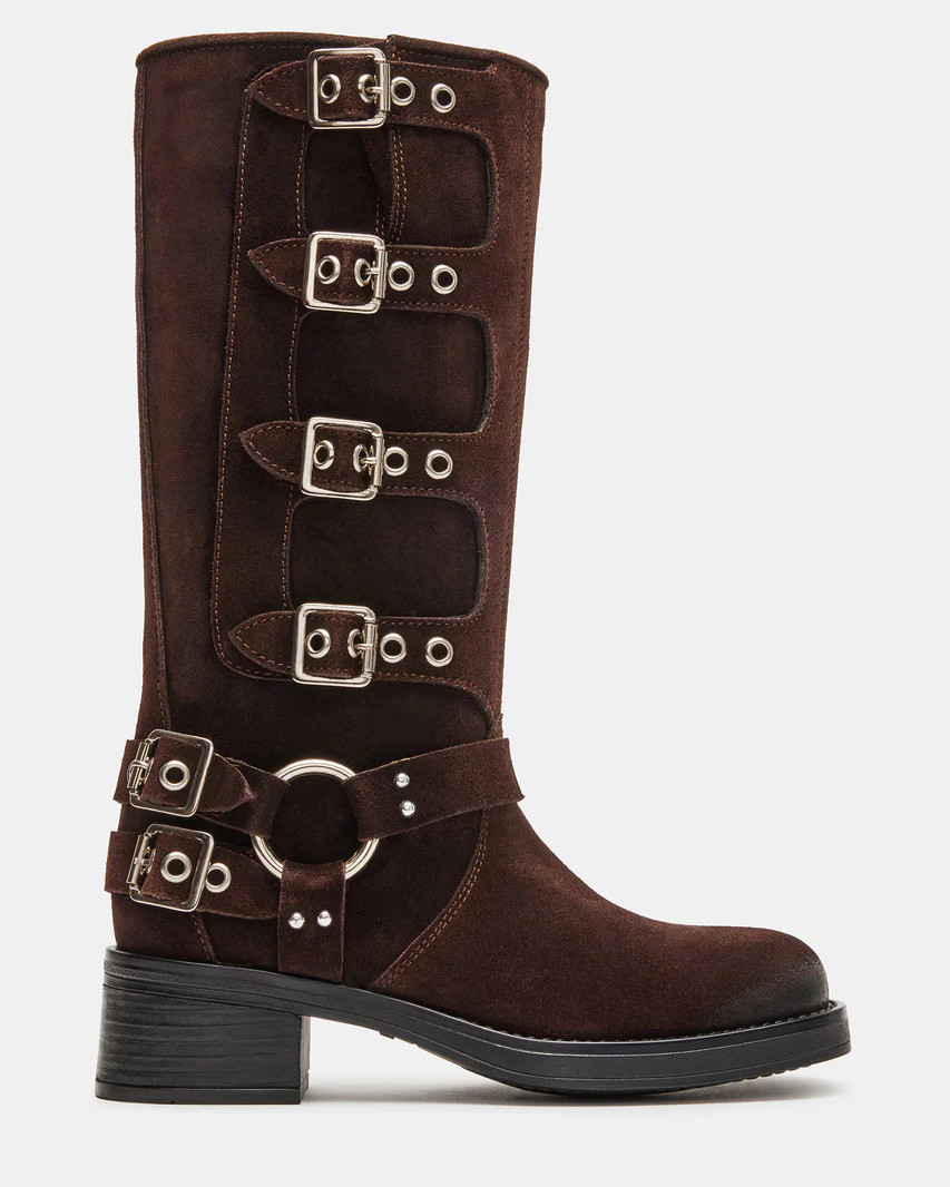 ROCKY Brown Suede Knee-High Moto Boots | Women's Boots | Steve Madden (US)