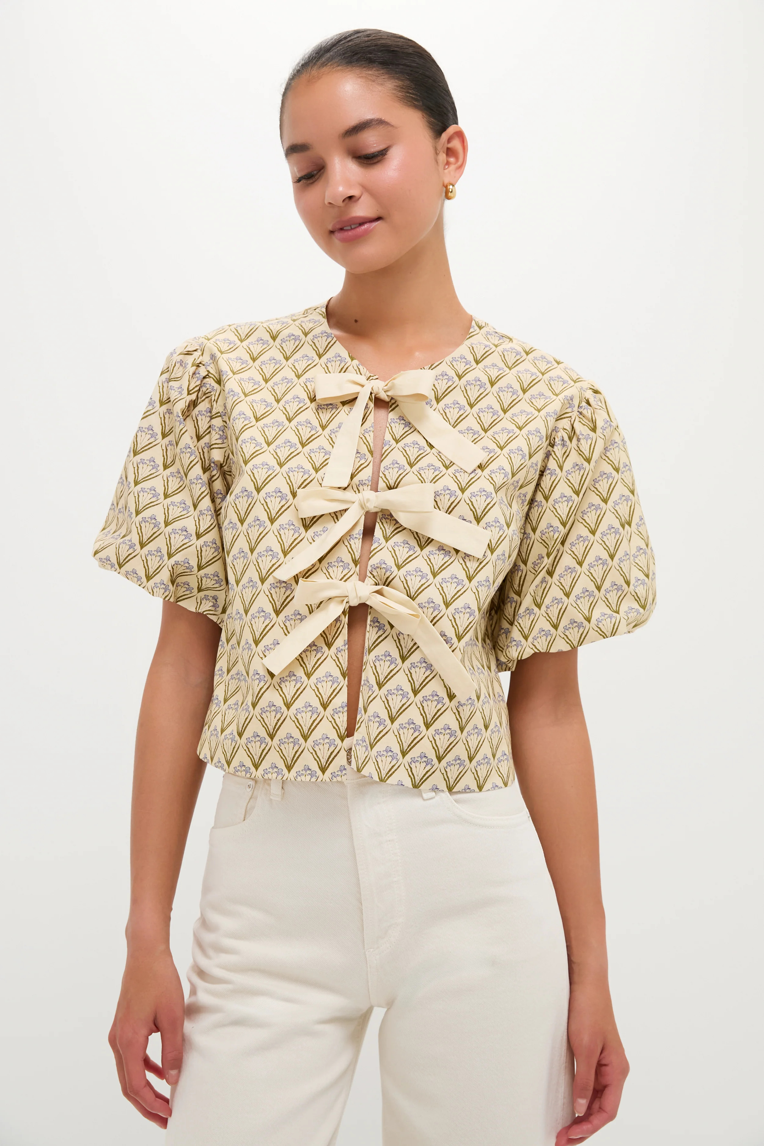 Beige Trellis Floral Tie Crossvine Blouse | Tuckernuck (US)