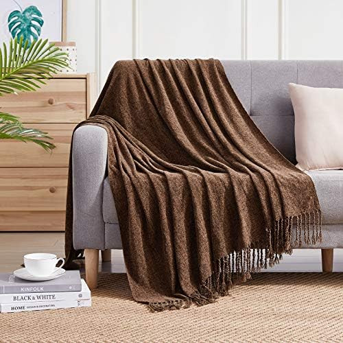 BOURINA Chenille Throw Blanket with Decorative Fringe for Couch Sofa Chair Blanket (50x60 Inches) Br | Amazon (US)