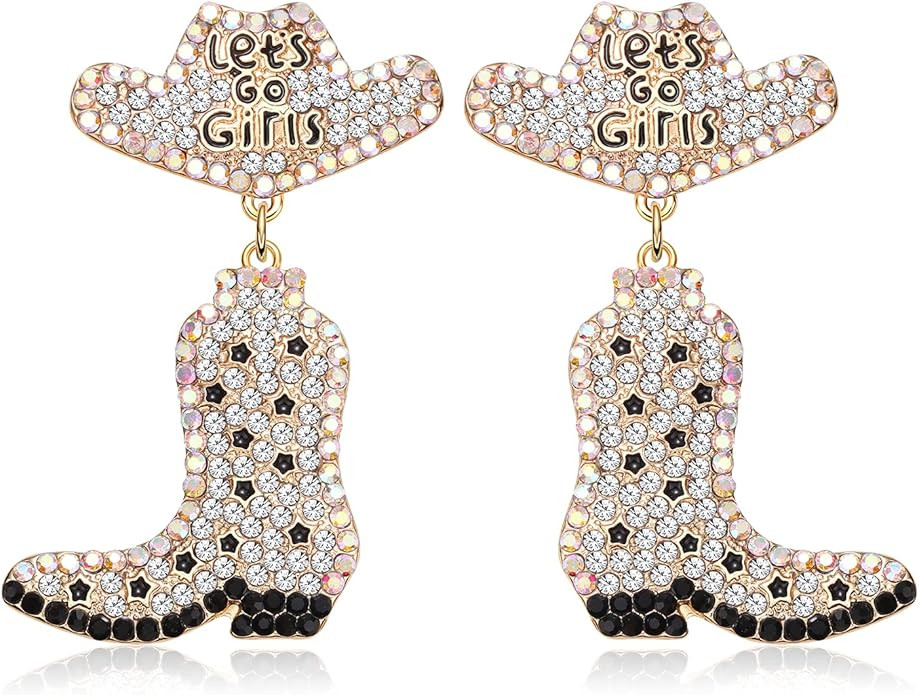 Western Earrings Sparkly Rhinestone Cowgirl Boot Hat Dangle Earrings Country Concert Beaded Dangl... | Amazon (US)