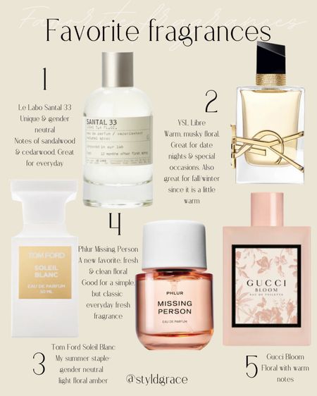 Shared my 5 favorite fragrances over on the blog!

1. Le Labo Santal 33
2. YSL Libre 
3. Tom Ford Soleil Blanc
4. Phlur Missing Person
5. Gucci Bloom

Perfume, classic perfume, go to perfume, fragrance, favorite fragrance 

#LTKbeauty