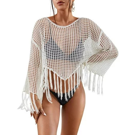 Bsubseach Crochet Cover Up for Swimwear Women Hollow Out Swimsuit Coverup Long Sleeve Beach Top White | Walmart (US)