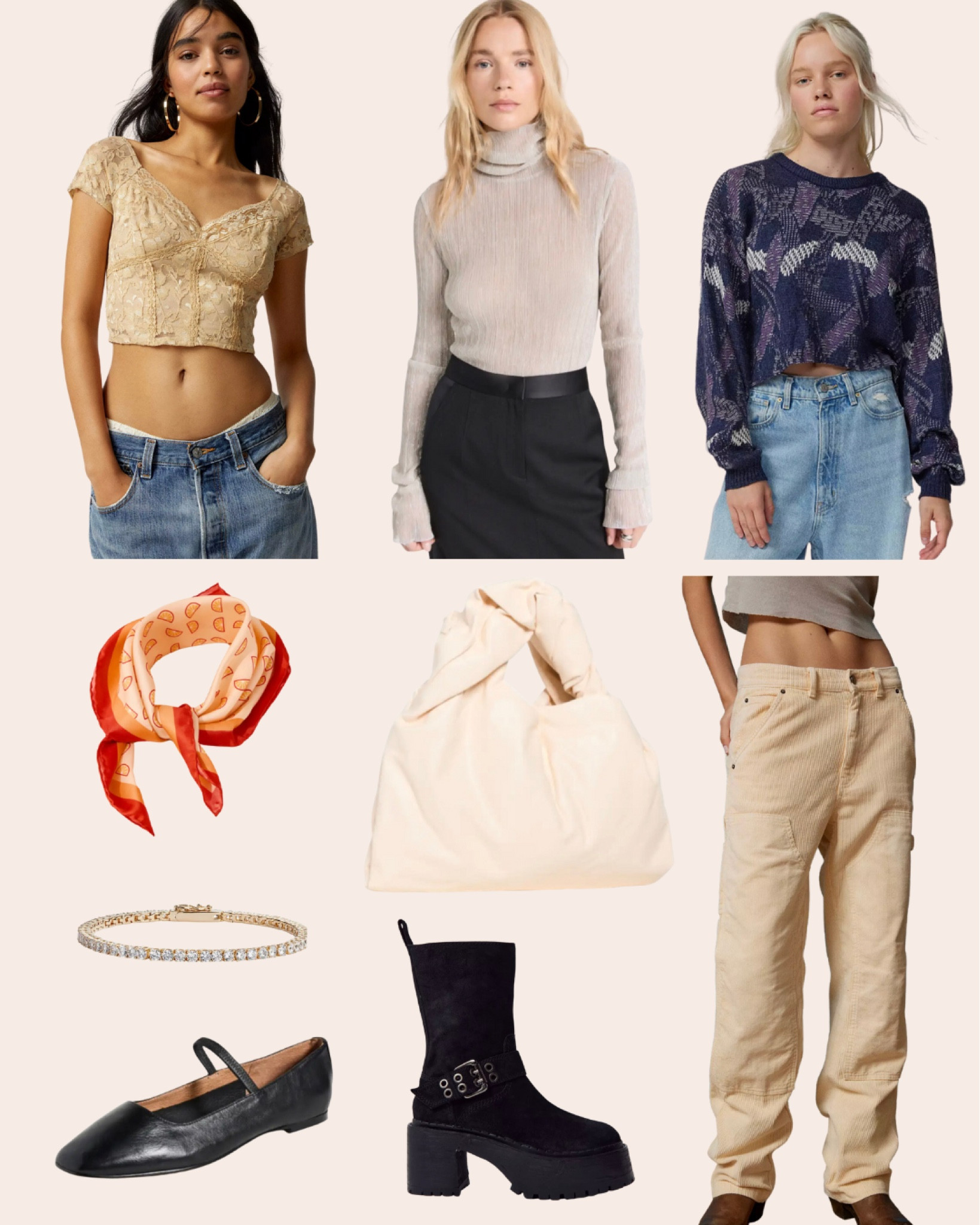 Fall Outfits Inspo

BDG Corduroy Carpenter Pant

Urban Renewal Vintage Cropped Patterned Sweater

Urban Renewal Remnants Floral Lace Blouse

UO Nic Platform Moto Boot

RECTO
Wavy Trimming Sparkle Roll Neck Top

Madewell
The Greta Ballet Flat

KULE
The Orange Slice Mischa Scarf

A.L.C.
Paloma Bag

Cubic Zirconia Tennis Bracelet
Nordstrom

#LTKstyletip #LTKworkwear #LTKGiftGuide