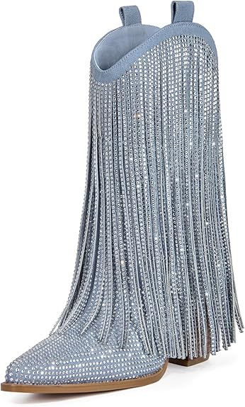 Women's Rhinestone Cowgirl Boots Cowboy Sparkly Fringe Ankle Boots Pointed Toe Chunky Heel Side Z... | Amazon (US)