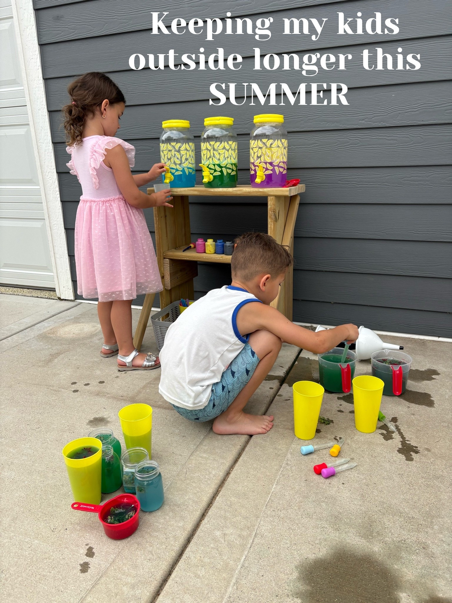 If you need an activity that keeps siblings happily playing together... this is it. 

I made a simple color mixing station with washable paint diluted with water, then added beakers and flasks for pouring. They worked together all afternoon making new colors, sharing supplies, and creating their own little "experiments".

#LTKmomlife #LTKKids #LTKdayinmylife