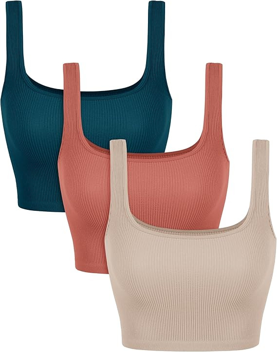 ODODOS 3-Pack Seamless Square Neck Crop Tank for Women Ribbed Knit Soft Low Back Cropped Tops | Amazon (US)