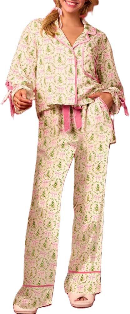 Aopwsrlyi Women 2 Piece Christmas Pajamas Set Bow Tie Long Sleeve Button Down Shirt Pants Set Sat... | Amazon (US)