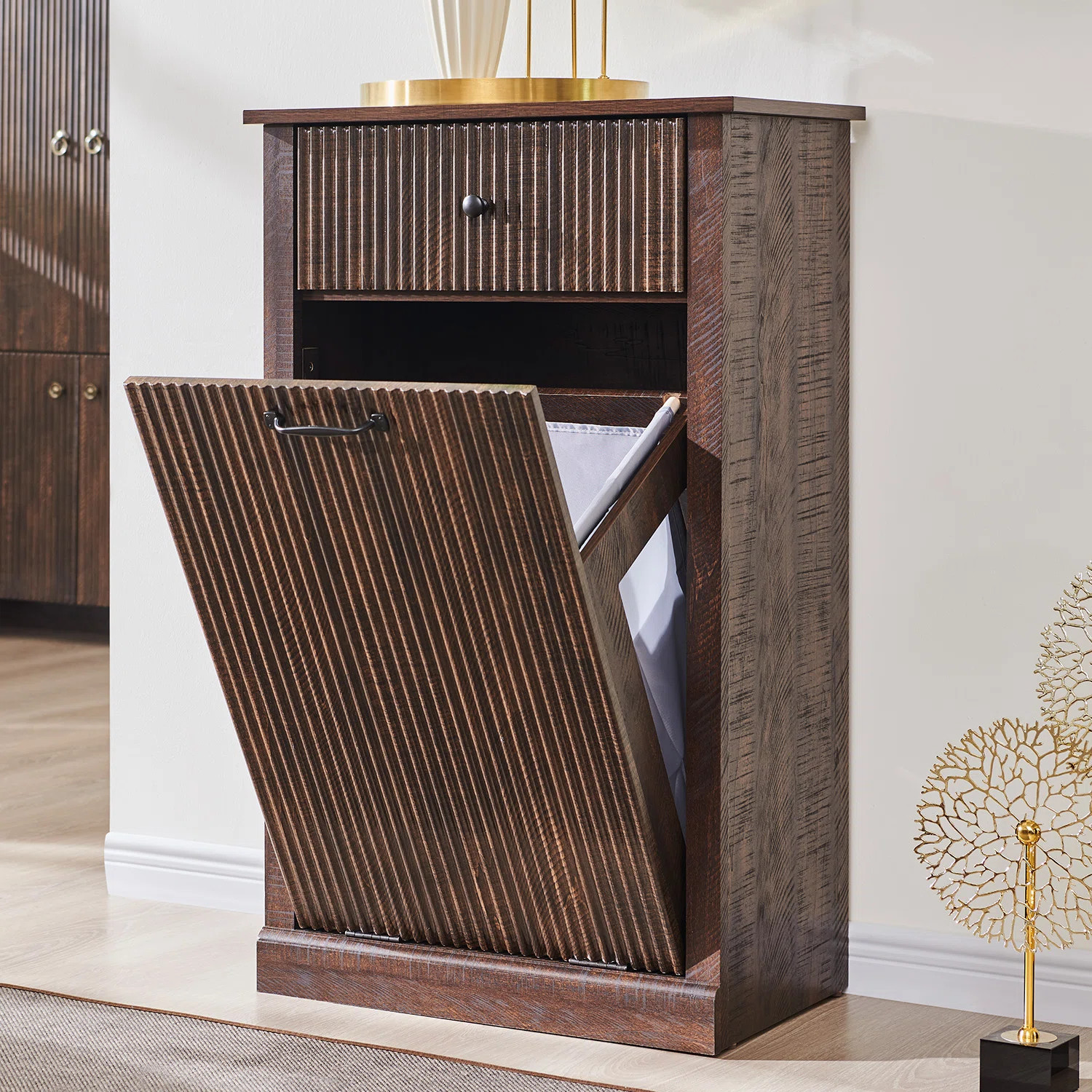 Modern Tilt Out Laundry Hamper Cabinet,10 Gallon Fluted Wooden Garbage Can Cabinet with Drawers  ... | Wayfair North America