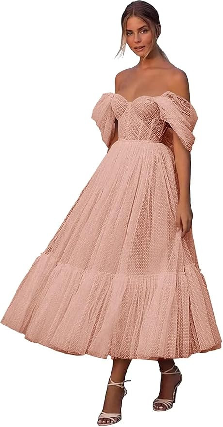 Eighale Tulle Dotted Tea Length Prom Dresses Off The Shoulder A-Line Formal Evening Party Gown | Amazon (US)