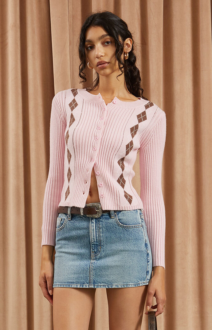 Beverly and Beck Women's Argyle Knit Cardigan in Light Pink - Size XXS | PacSun