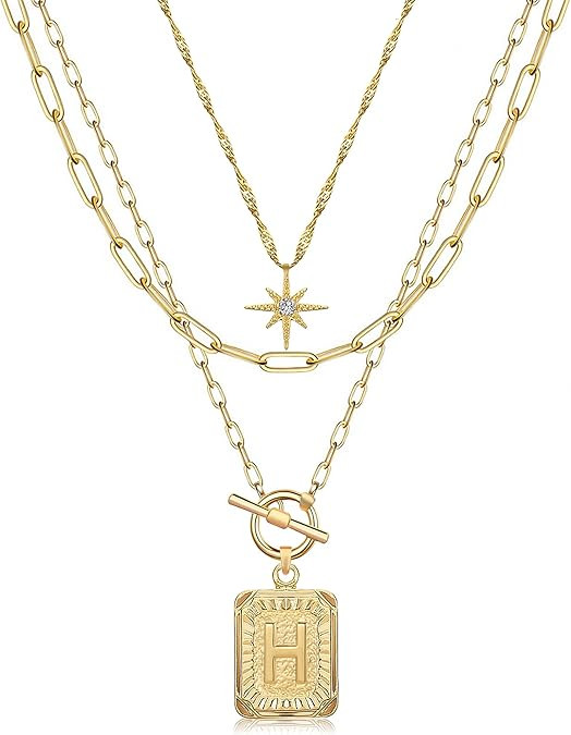 MJartoria Layered Initial Necklaces for Women Trendy, 14K Gold Plated Brass Simple Star Choker Sq... | Amazon (US)