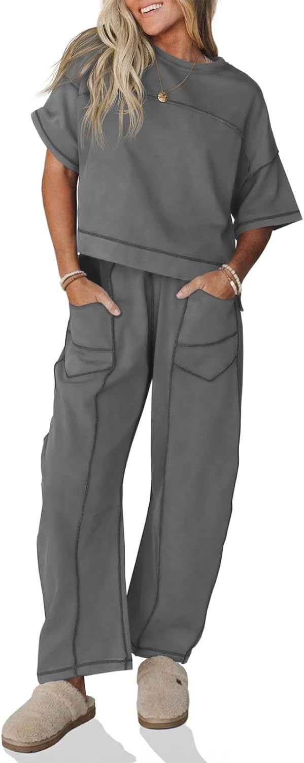 Fisoew Womens 2 Piece Outfits Lounge Sets Short Sleeve Tops and Wide Leg Pants Travel Vacation Casual Matching Sets | Amazon (US)