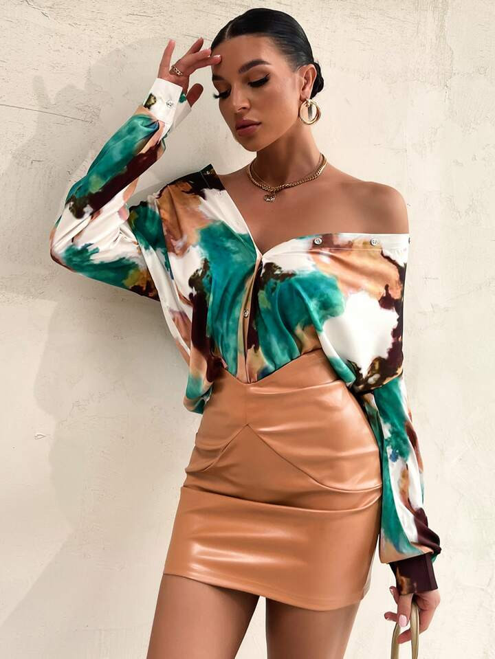 SHEIN Privé Tie Dye Curved Hem Satin Blouse | SHEIN