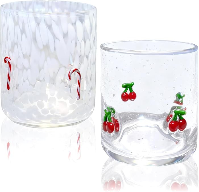 2 Pcs Christmas Icon Glass Cups - 14 oz Christmas Cane & Cherry Icon Juice Glasses, Hand-blown Ol... | Amazon (US)